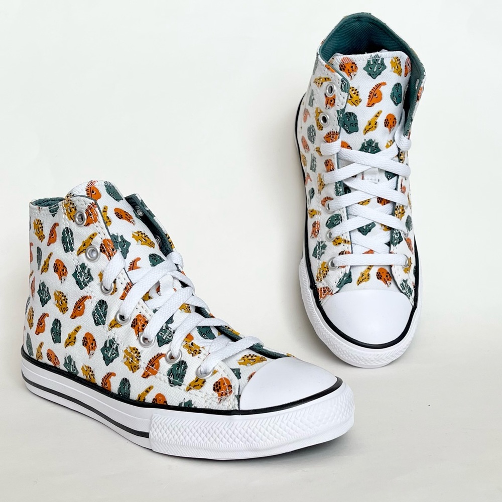 Converse Boys Hi-Top Sneakers Dinosaur Print Pattern White/Orange/Green NWB Sz 3